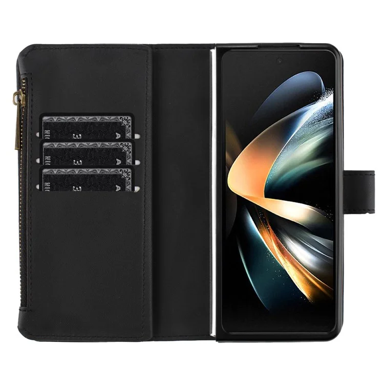 BINFEN COLOR For Samsung Galaxy Z Fold4 5G Matte Zipper Pocket Phone Case PU Leather Stand Wallet Cover - Black