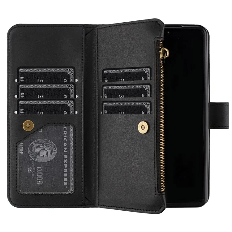 BINFEN COLOR For Samsung Galaxy Z Fold4 5G Matte Zipper Pocket Phone Case PU Leather Stand Wallet Cover - Black