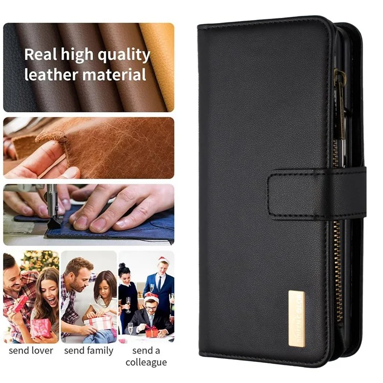 BINFEN COLOR For Samsung Galaxy Z Fold4 5G Matte Zipper Pocket Phone Case PU Leather Stand Wallet Cover - Black