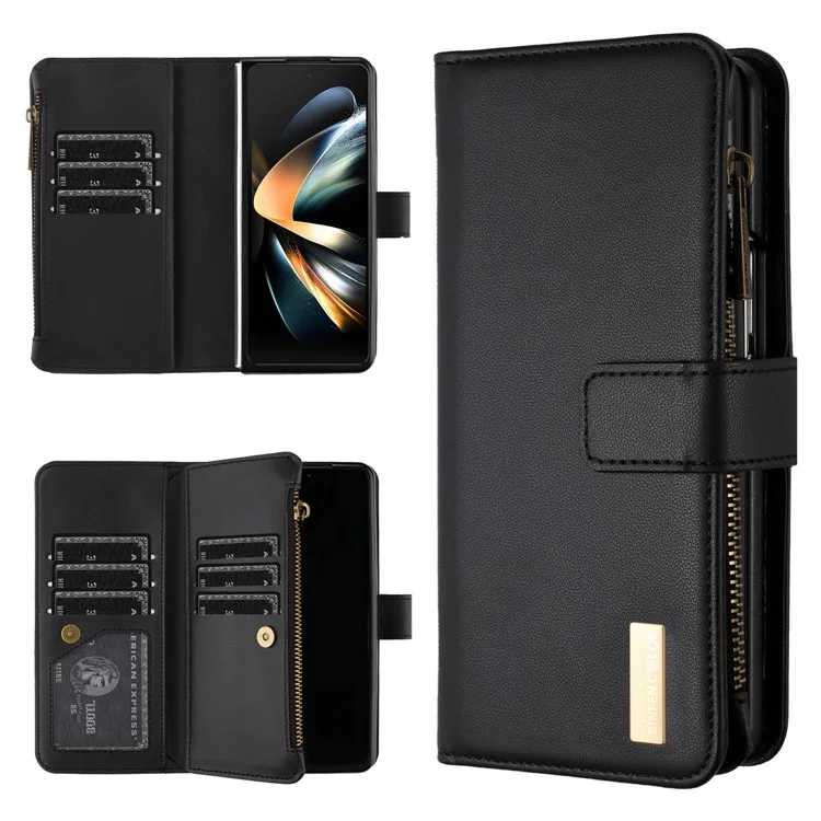 BINFEN COLOR For Samsung Galaxy Z Fold4 5G Matte Zipper Pocket Phone Case PU Leather Stand Wallet Cover - Black