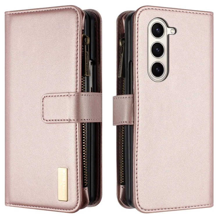 BINFEN COLOR Für Samsung Galaxy Z Fold5 5G Matte Geldbörse Handy-Hülle PU-Leder Ständer Reißverschlusstasche Flip-Cover - Roségold