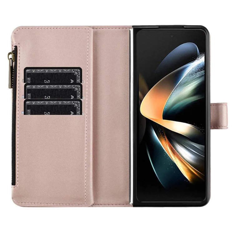 BINFEN COLOR Für Samsung Galaxy Z Fold5 5G Matte Geldbörse Handy-Hülle PU-Leder Ständer Reißverschlusstasche Flip-Cover - Roségold