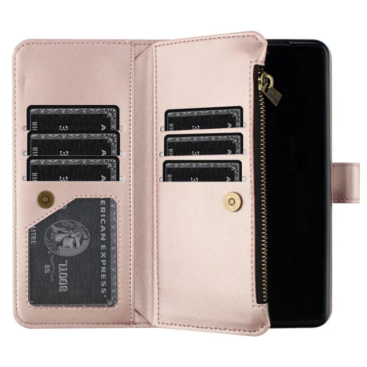 BINFEN COLOR Für Samsung Galaxy Z Fold5 5G Matte Geldbörse Handy-Hülle PU-Leder Ständer Reißverschlusstasche Flip-Cover - Roségold