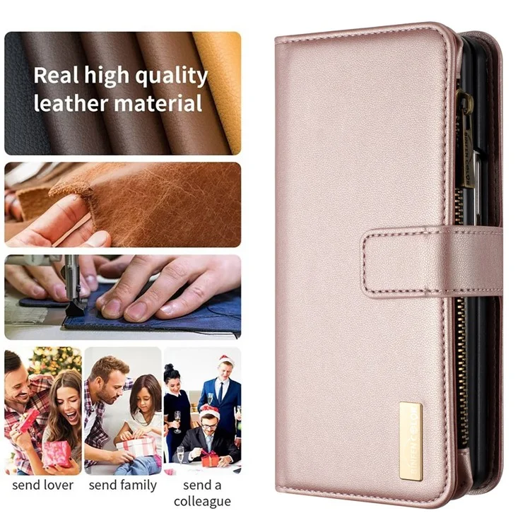 BINFEN COLOR Für Samsung Galaxy Z Fold5 5G Matte Geldbörse Handy-Hülle PU-Leder Ständer Reißverschlusstasche Flip-Cover - Roségold