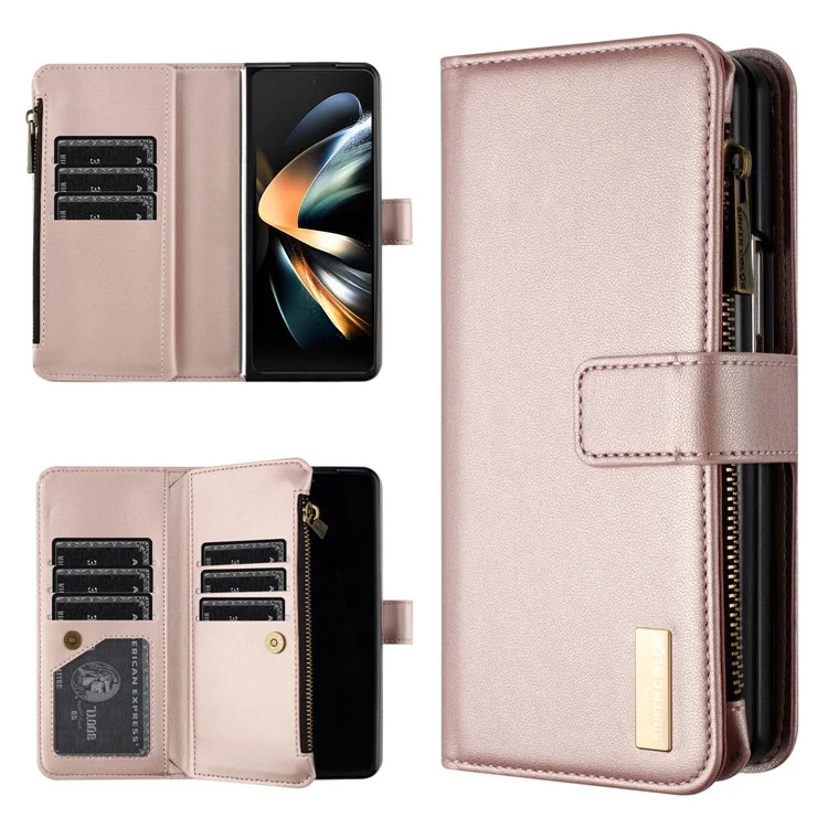 BINFEN COLOR Für Samsung Galaxy Z Fold5 5G Matte Geldbörse Handy-Hülle PU-Leder Ständer Reißverschlusstasche Flip-Cover - Roségold