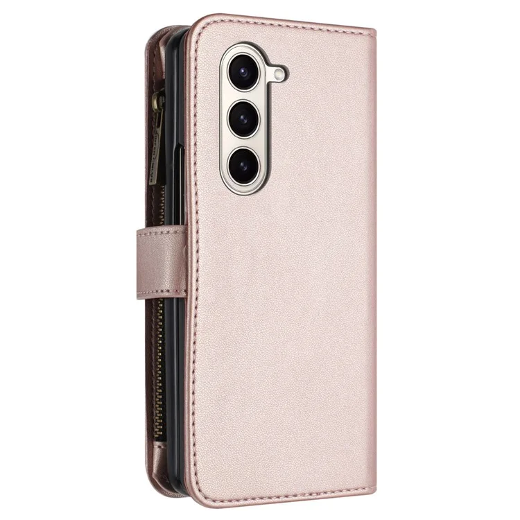 BINFEN COLOR Für Samsung Galaxy Z Fold5 5G Matte Geldbörse Handy-Hülle PU-Leder Ständer Reißverschlusstasche Flip-Cover - Roségold