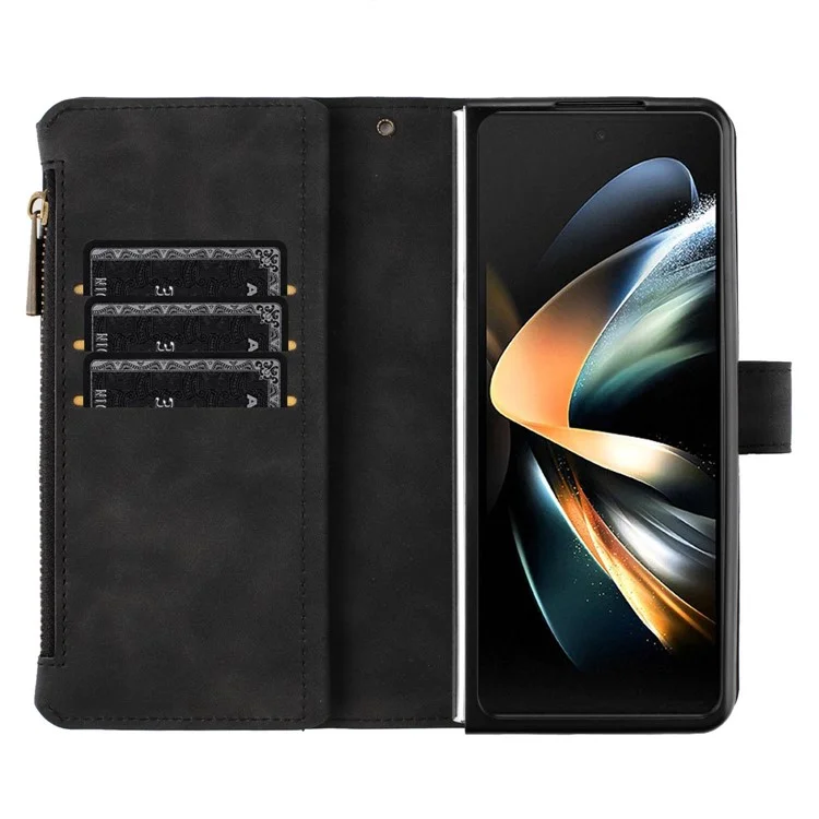 BINFEN COLOR для Samsung Galaxy Z Fold4 5G с отпечатанным узором на молнии с карманом, чехол-бумажник из ПУ-кожи со стойкой - черный