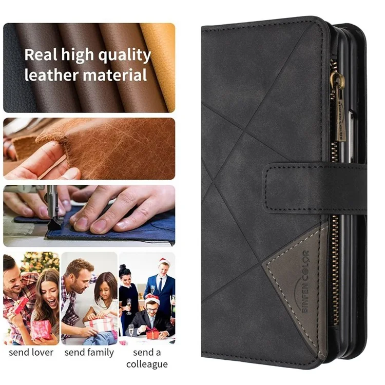 BINFEN COLOR для Samsung Galaxy Z Fold4 5G с отпечатанным узором на молнии с карманом, чехол-бумажник из ПУ-кожи со стойкой - черный