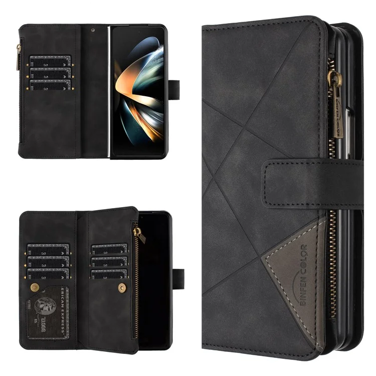 BINFEN COLOR для Samsung Galaxy Z Fold4 5G с отпечатанным узором на молнии с карманом, чехол-бумажник из ПУ-кожи со стойкой - черный