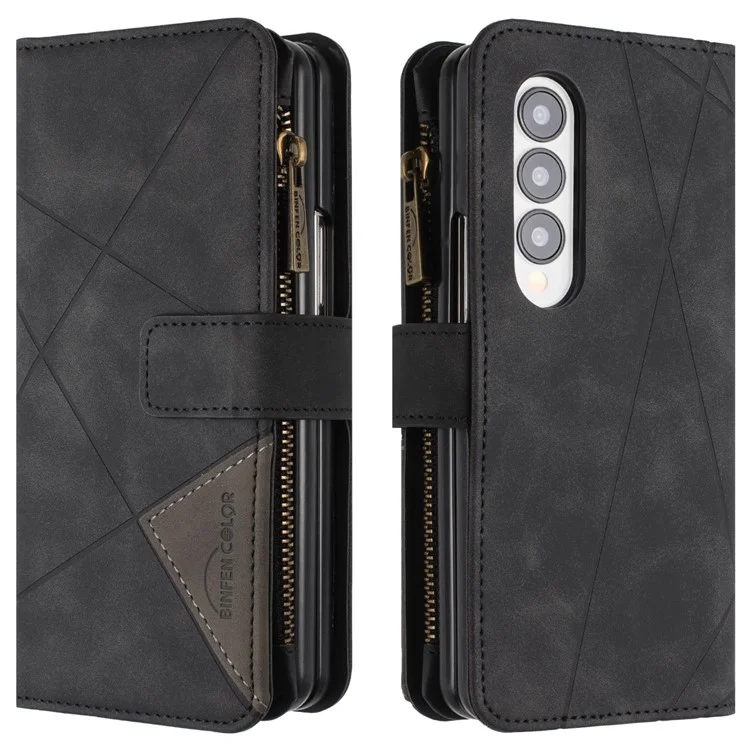 BINFEN COLOR Pour Samsung Galaxy Z Fold3 5G Étui de téléphone en cuir PU avec motif imprimé, support de poche zippé - Noir