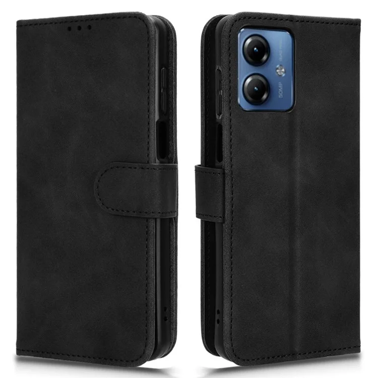 Для Motorola Moto G14 4G пылезащитный кожаный бумажник со стойкой Skin-touch Full Protection Phone Cover - черный