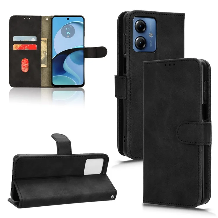 Для Motorola Moto G14 4G пылезащитный кожаный бумажник со стойкой Skin-touch Full Protection Phone Cover - черный