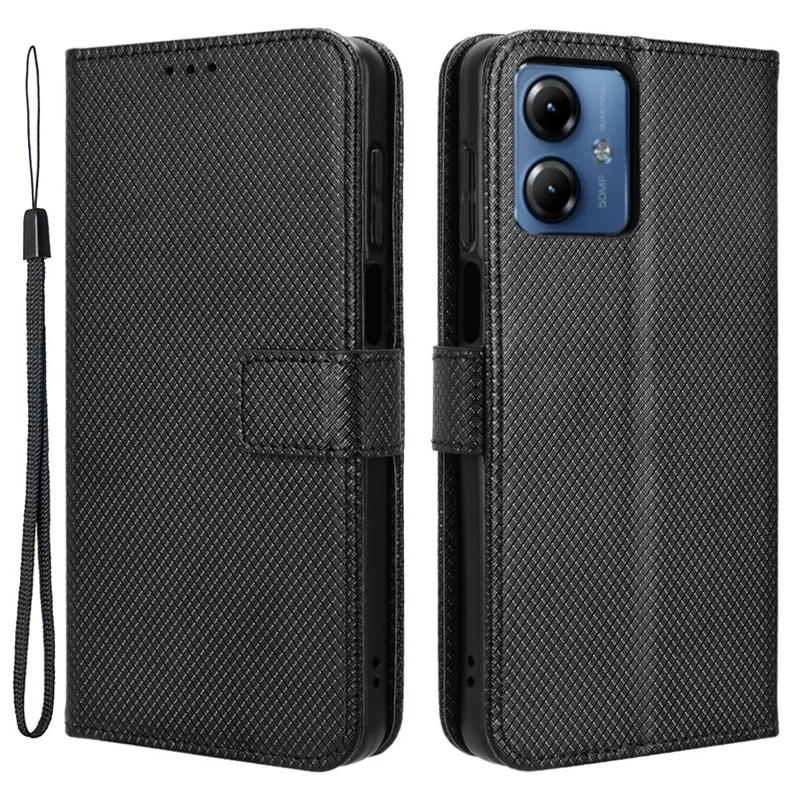 For Motorola Moto G14 4G PU Leather Wallet Case Shell Diamond Texture Drop-proof Stand Phone Cover - Black