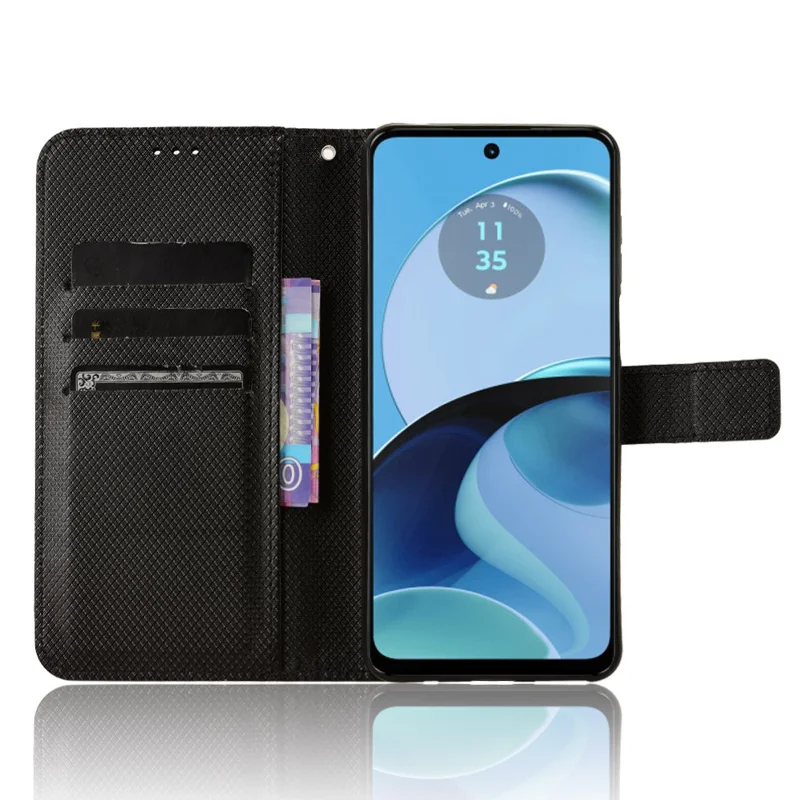 For Motorola Moto G14 4G PU Leather Wallet Case Shell Diamond Texture Drop-proof Stand Phone Cover - Black