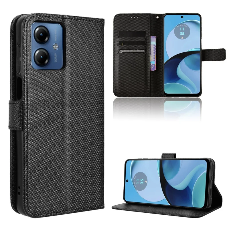 For Motorola Moto G14 4G PU Leather Wallet Case Shell Diamond Texture Drop-proof Stand Phone Cover - Black
