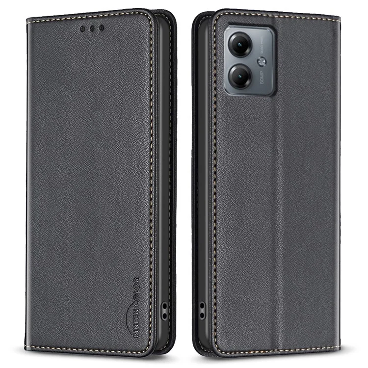 BINFEN COLOR BF18 For Motorola Moto G14 4G Phone Case Card Holder Foldable Stand Leather Cover - Black