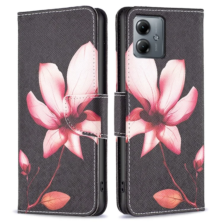 Magnetic Wallet Case for Motorola Moto G14 4G , PU Leather Pattern Printing Stand Phone Cover - Lotus