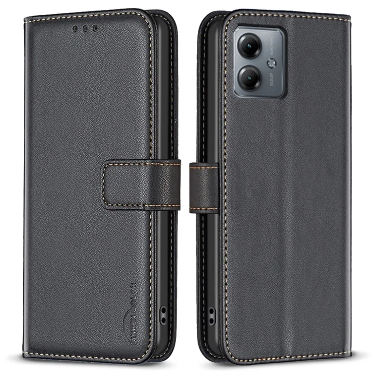 BINFEN COLOR BF17 Leather Cover for Motorola Moto G14 4G , Folio Flip Wallet Stand Well-protected Phone Case - Black