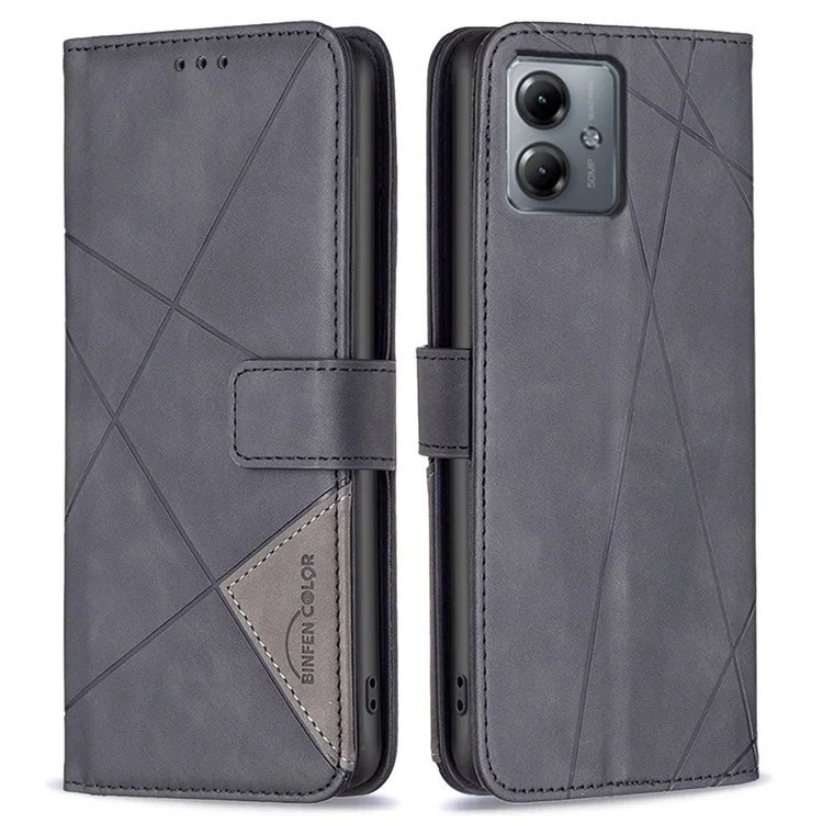 BINFEN COLOR BF05 Para Motorola Moto G14 4G Estuche de teléfono con soporte y cartera de piel con diseño grabado, a prueba de caídas - Negro