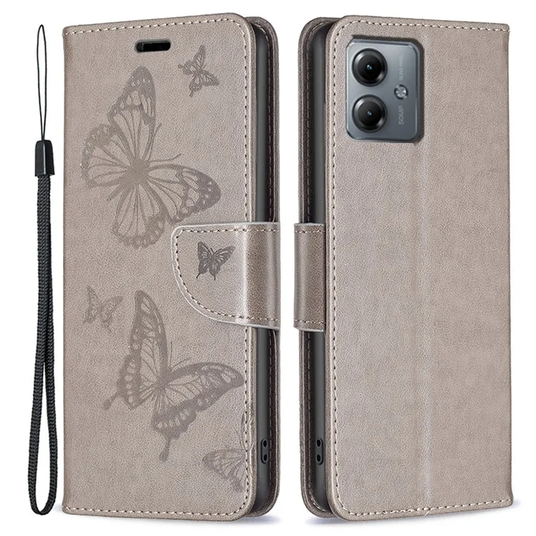 Für Motorola Moto G14 4G Butterfly Imprinted Anti-scratch Phone Case Leather Stand Wallet Cover mit Riemen - Grau