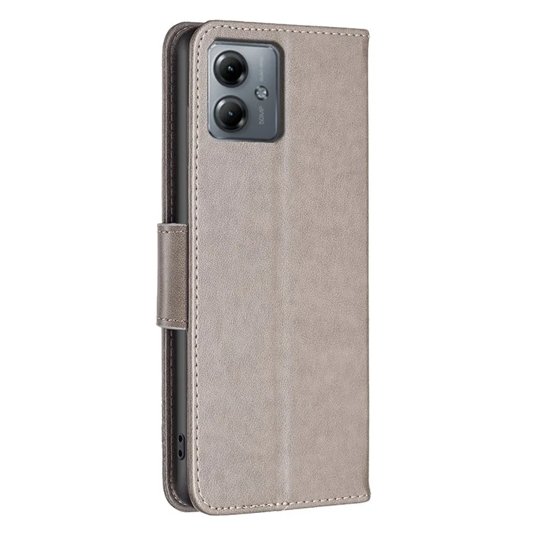 Für Motorola Moto G14 4G Butterfly Imprinted Anti-scratch Phone Case Leather Stand Wallet Cover mit Riemen - Grau