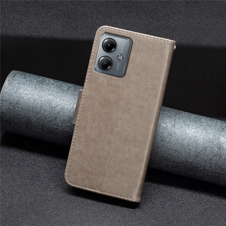 Für Motorola Moto G14 4G Butterfly Imprinted Anti-scratch Phone Case Leather Stand Wallet Cover mit Riemen - Grau