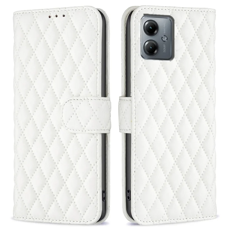 BINFEN COLOR BF Style-14 for Motorola Moto G14 4G Leather Grid Pattern Imprinted Case Wallet Stand Flip Phone Cover - White