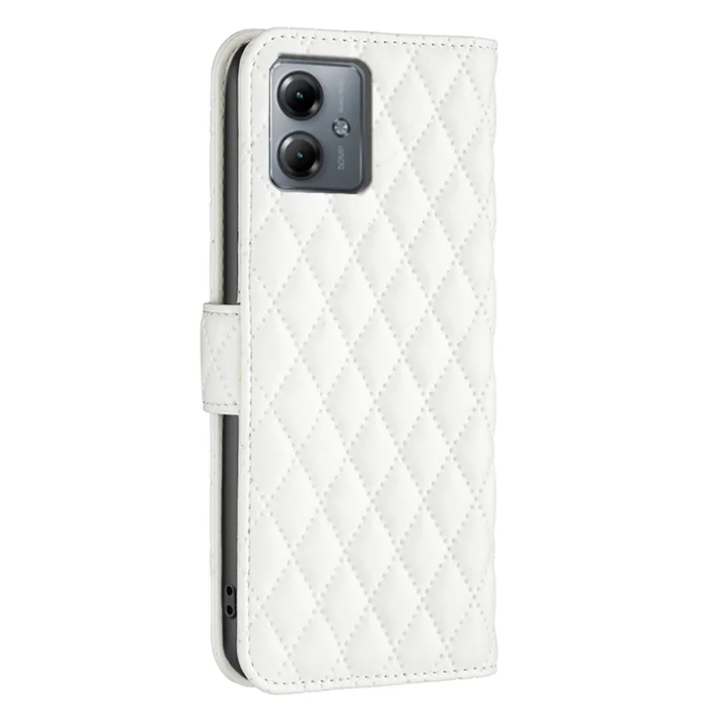 BINFEN COLOR BF Style-14 for Motorola Moto G14 4G Leather Grid Pattern Imprinted Case Wallet Stand Flip Phone Cover - White