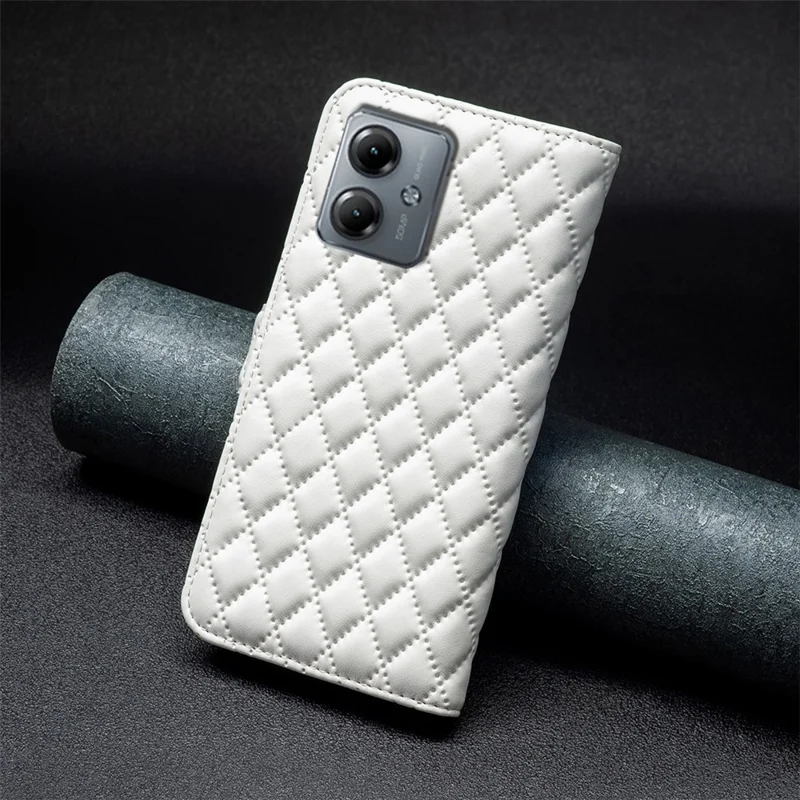 BINFEN COLOR BF Style-14 for Motorola Moto G14 4G Leather Grid Pattern Imprinted Case Wallet Stand Flip Phone Cover - White