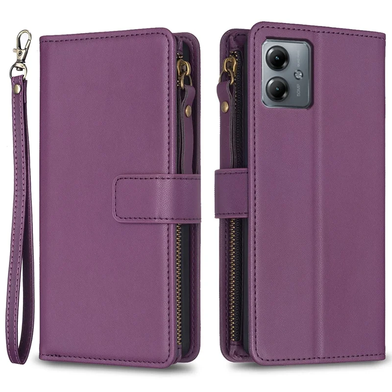 BF Style-19 for Motorola Moto G14 4G Zipper Pocket Wallet Case PU Leather Stand Phone Cover - Dark Purple