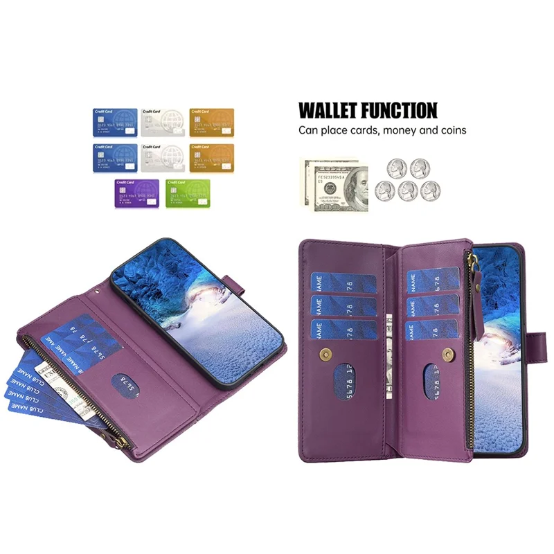 BF Style-19 for Motorola Moto G14 4G Zipper Pocket Wallet Case PU Leather Stand Phone Cover - Dark Purple