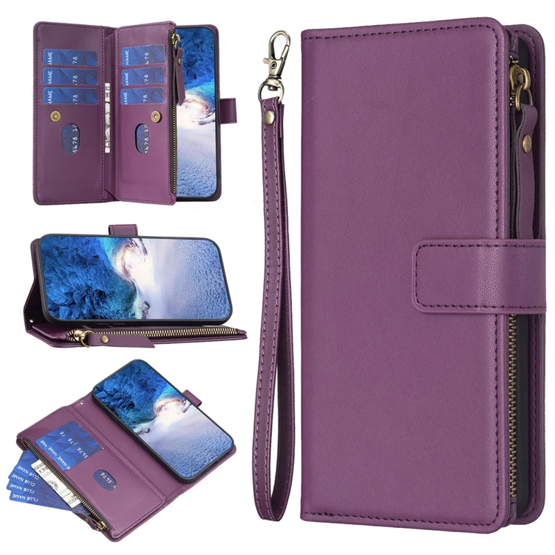 BF Style-19 for Motorola Moto G14 4G Zipper Pocket Wallet Case PU Leather Stand Phone Cover - Dark Purple