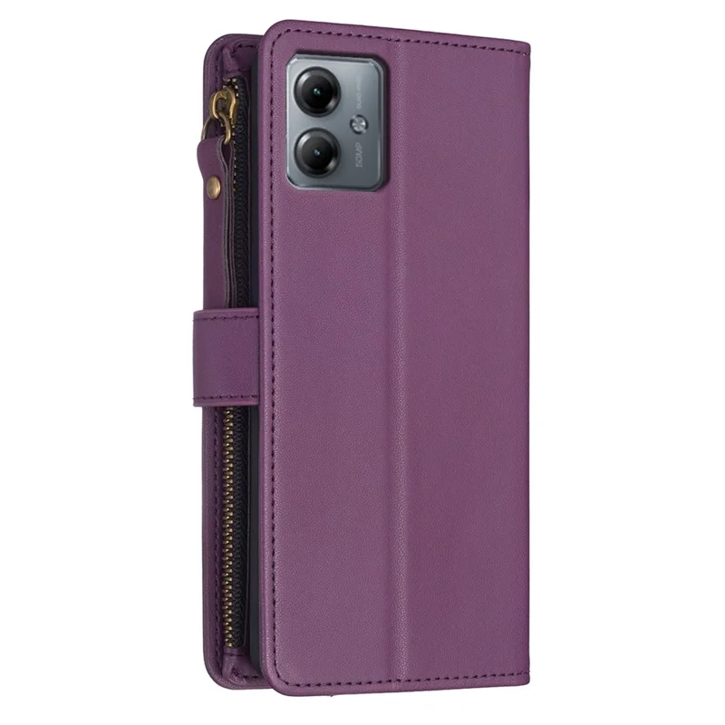 BF Style-19 for Motorola Moto G14 4G Zipper Pocket Wallet Case PU Leather Stand Phone Cover - Dark Purple