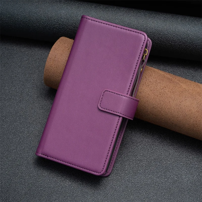 BF Style-19 for Motorola Moto G14 4G Zipper Pocket Wallet Case PU Leather Stand Phone Cover - Dark Purple