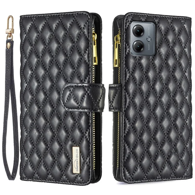 BINFEN COLOR BF Style-15 Para Motorola Moto G14 4G Funda de teléfono con bolsillo con cremallera, cartera de piel, soporte - Negro
