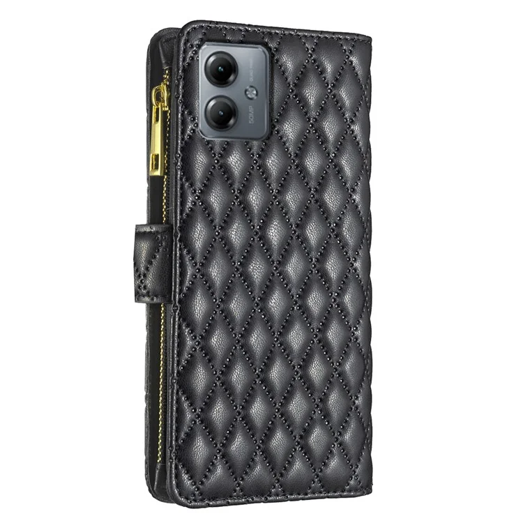 BINFEN COLOR BF Style-15 Para Motorola Moto G14 4G Funda de teléfono con bolsillo con cremallera, cartera de piel, soporte - Negro