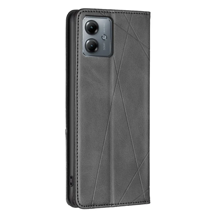 For Motorola Moto G14 4G Card Slots PU Leather Stand Cover Imprinted Line Anti-Scratch Phone Case - Black