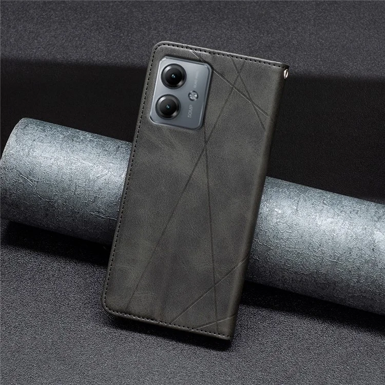 For Motorola Moto G14 4G Card Slots PU Leather Stand Cover Imprinted Line Anti-Scratch Phone Case - Black