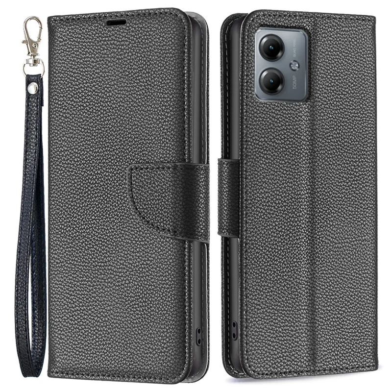 Pour Motorola Moto G14 4G Litchi Texture Shell Anti-drop PU Leather Wallet Case Stand Cell Phone Cover - Noir