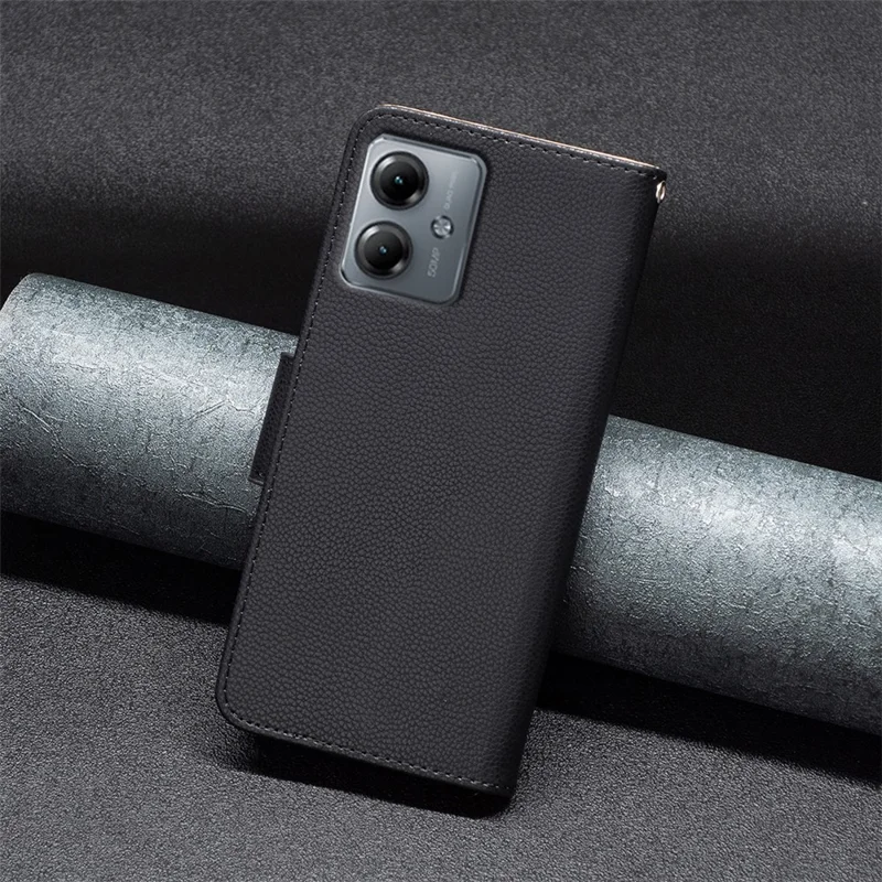 Pour Motorola Moto G14 4G Litchi Texture Shell Anti-drop PU Leather Wallet Case Stand Cell Phone Cover - Noir