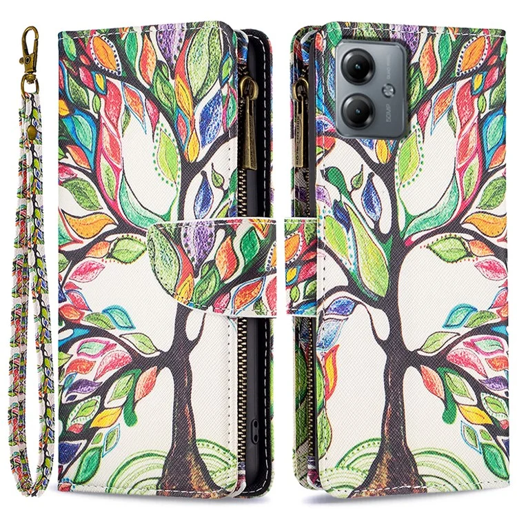 BF03 Wallet Zipper Phone Case for Motorola Moto G14 4G , PU Leather Pattern Printing Stand Phone Cover - Life Tree