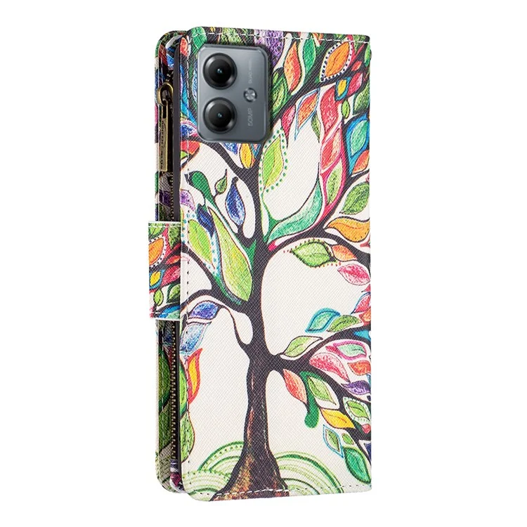 BF03 Wallet Zipper Phone Case for Motorola Moto G14 4G , PU Leather Pattern Printing Stand Phone Cover - Life Tree
