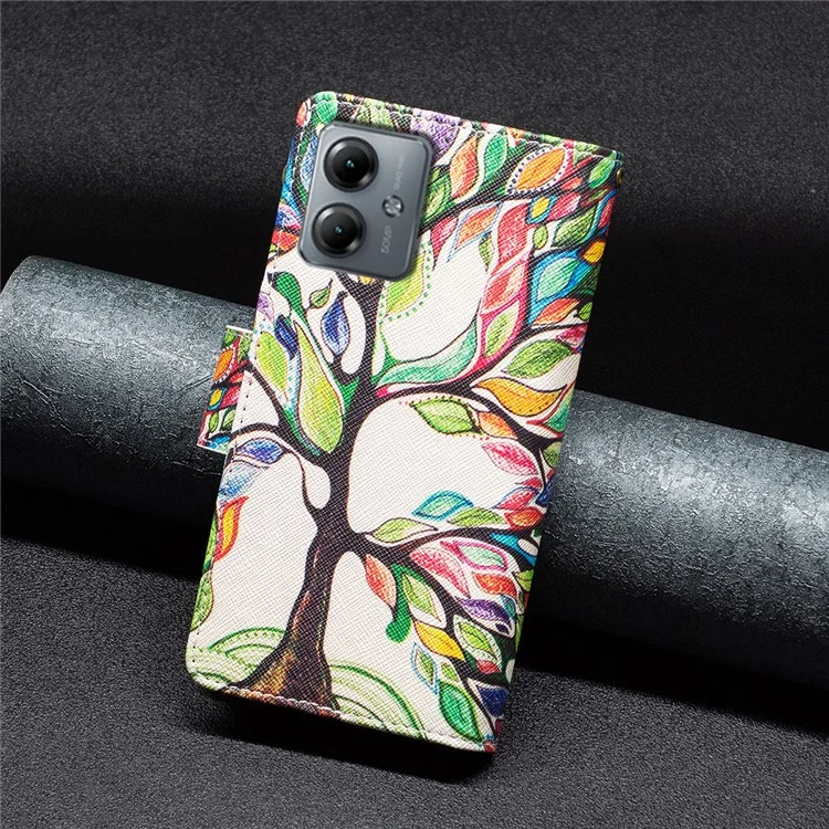BF03 Wallet Zipper Phone Case for Motorola Moto G14 4G , PU Leather Pattern Printing Stand Phone Cover - Life Tree