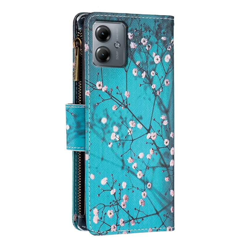 BF03 Wallet Zipper Phone Case for Motorola Moto G14 4G , PU Leather Pattern Printing Stand Phone Cover - Plum Blossom
