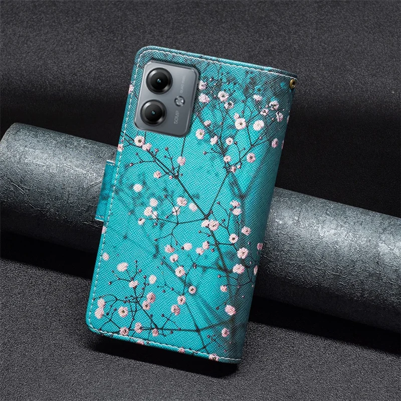 BF03 Wallet Zipper Phone Case for Motorola Moto G14 4G , PU Leather Pattern Printing Stand Phone Cover - Plum Blossom