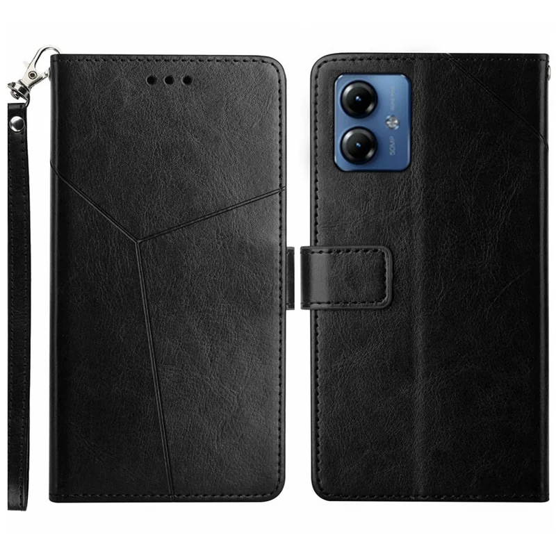 HT01 For Motorola Moto G14 4G Y-shaped Line Imprinted Leather Phone Stand Case Wallet Cell Phone Cover - Black