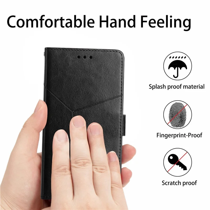 HT01 For Motorola Moto G14 4G Y-shaped Line Imprinted Leather Phone Stand Case Wallet Cell Phone Cover - Black