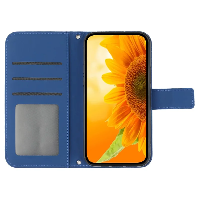 HT04 Pour Motorola Moto G14 4G Étui de portefeuille en cuir Housse de protection avec motif tournesol Support avec sangle pour l'épaule - Saphir