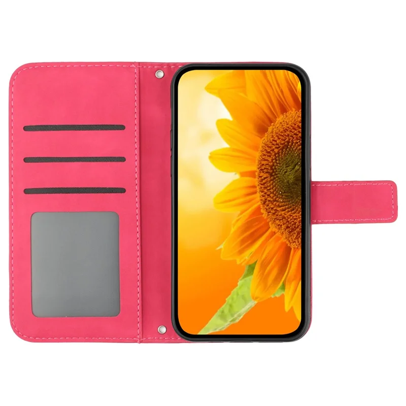 HT04 For Motorola Moto G14 4G Leather Wallet Phone Case Sunflower Imprint Stand Cover with Shoulder Strap - Rose