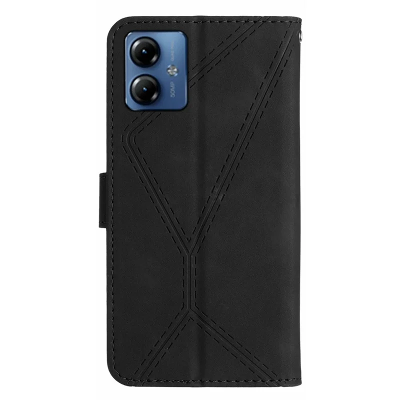 HT05 For Motorola Moto G14 4G Leather Imprinted Line Phone Case Anti-fall Wallet Stand Cover - Black